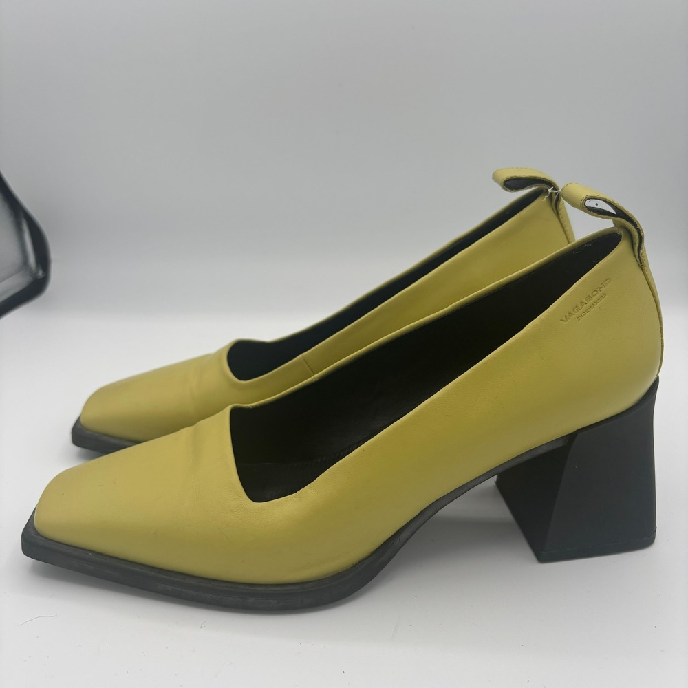 Vagabond Hedda Pumps Sz 39 Yellow Green Chartreuse Square Toe Block Heel Retro - Picture 3 of 12